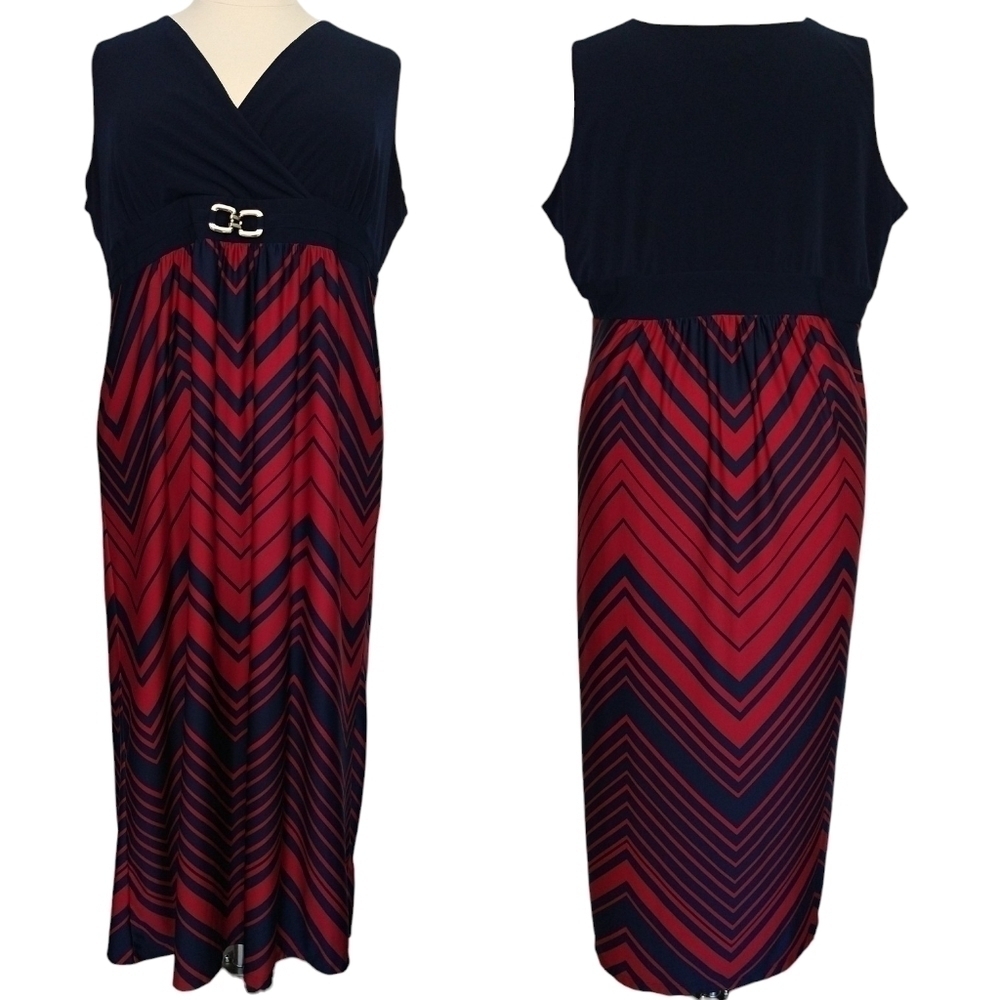 Catherines Navy Blue Red Chevron Surplice Neck Sleeveless Maxi Dress Stretch